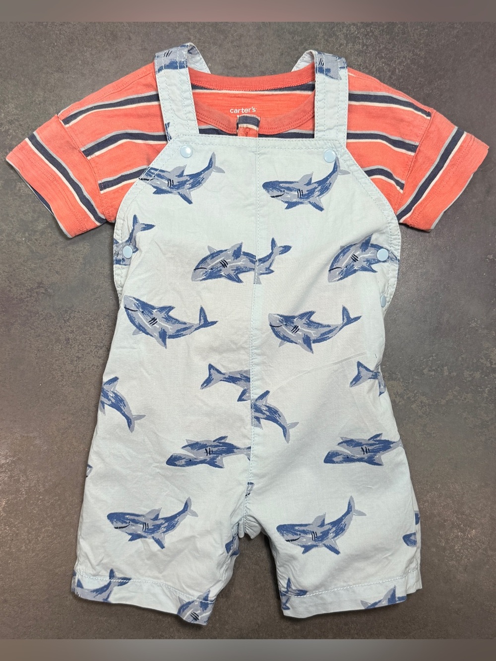 Carter's Coral Stripe Tee with Light Blue Shark Overalls